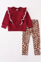Girlymax 2023 Fashion Boutique Burgundy Cotton Ruffle Long Sleeve Cheetah Pants Baby Girls Outfit