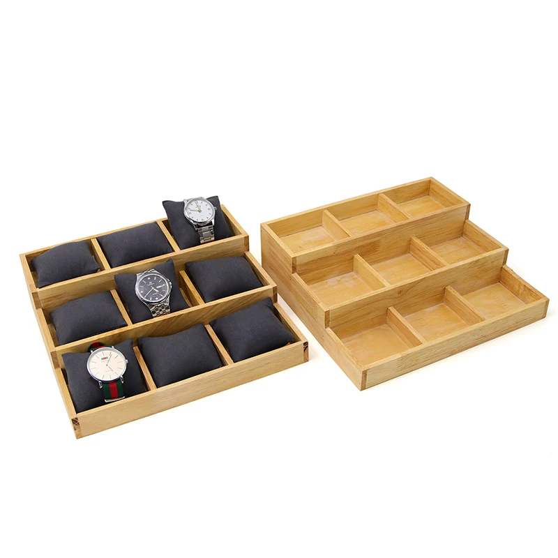 Wholesale hot sale watch bracelet display props beige solid wood 3-layer 9-position pillow tray