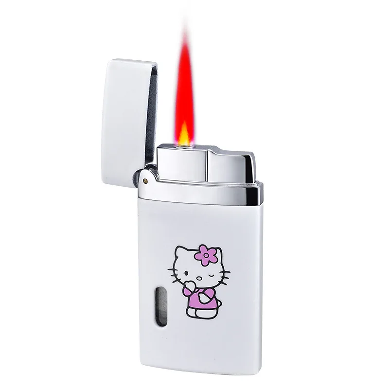Оптовая продажа светящаяся Зажигалка Hello Kitty металлическая надувная ветрозащитная зажигалка с розовым пламенем мультяшным