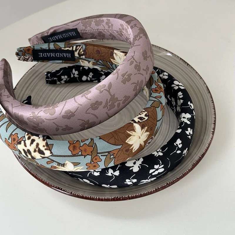 New French vintage retro printing sponge hair band wide side female face wash headband