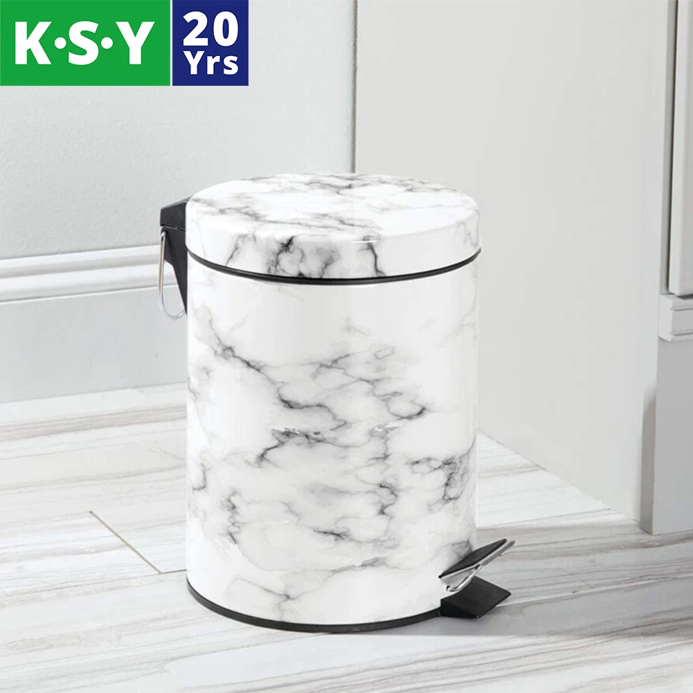 5L Marble Painting Waste Bin Stainless Steel Foot Operated Pedal Trash Can