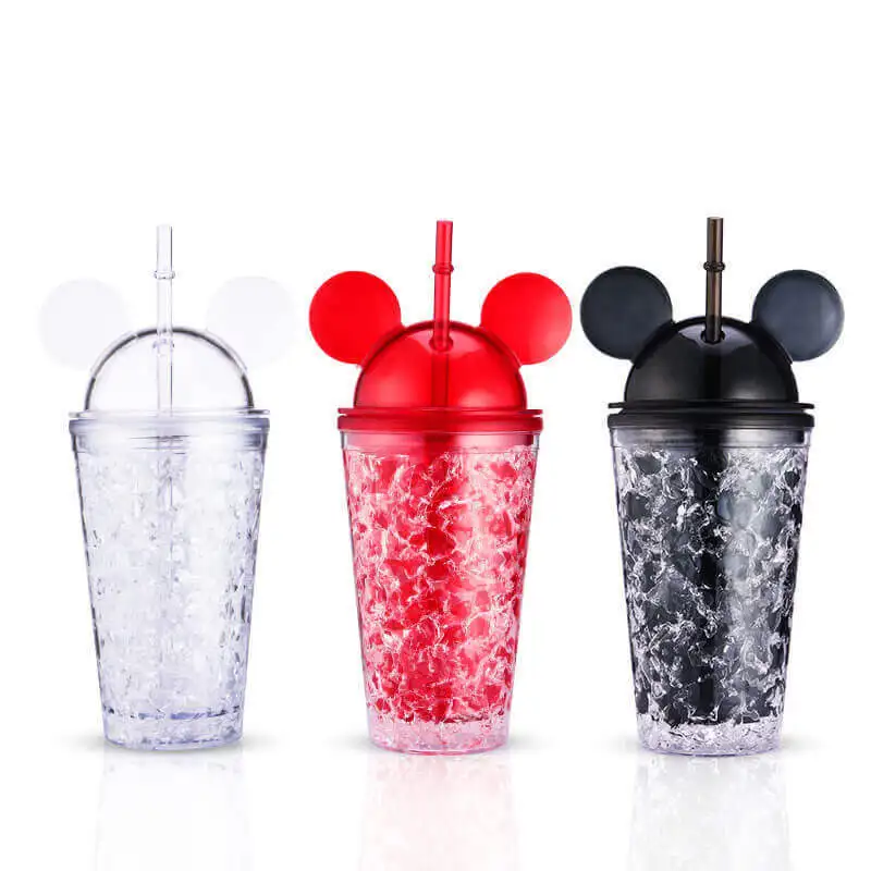 Double Wall Clear Ice 500ml Mouse Ear Shape Plastic Water Bottle Animal Head Mouse Ears Cup With Straw And Lid