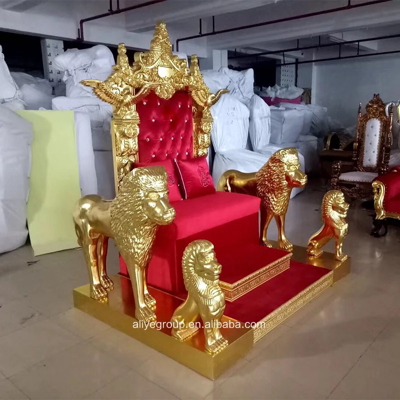 Высококачественное кресло с резьбой по дереву с золотым королевским престолом красного цвета с 4 львами
