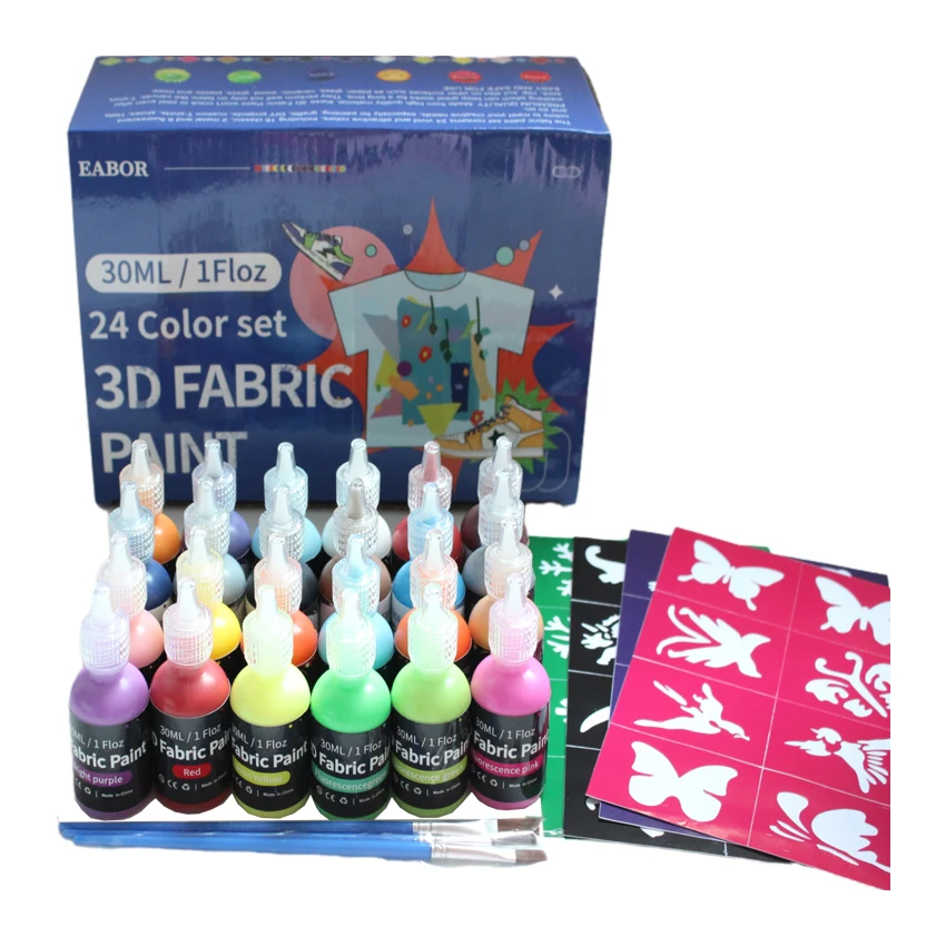 Non-Toxic and Permanent 3D DIY Fabric Art Paints 24 Colors 10ML Set for Clothes Canvas T-Shirts Jeans Bags