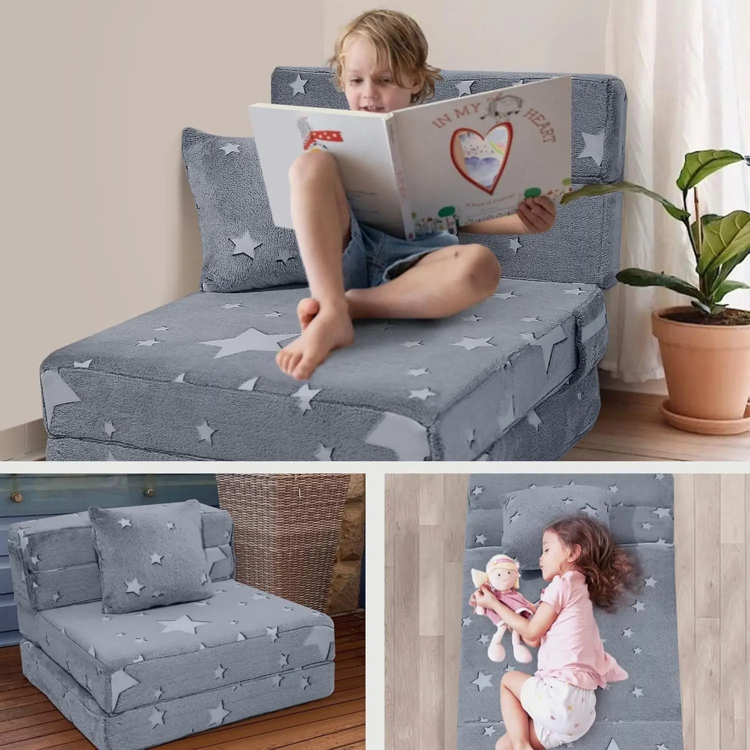 Glow Tri Folding Mattress Futon Folding Chair Bed Folding Sofa Bed Floor Mattress for Kids Playroom