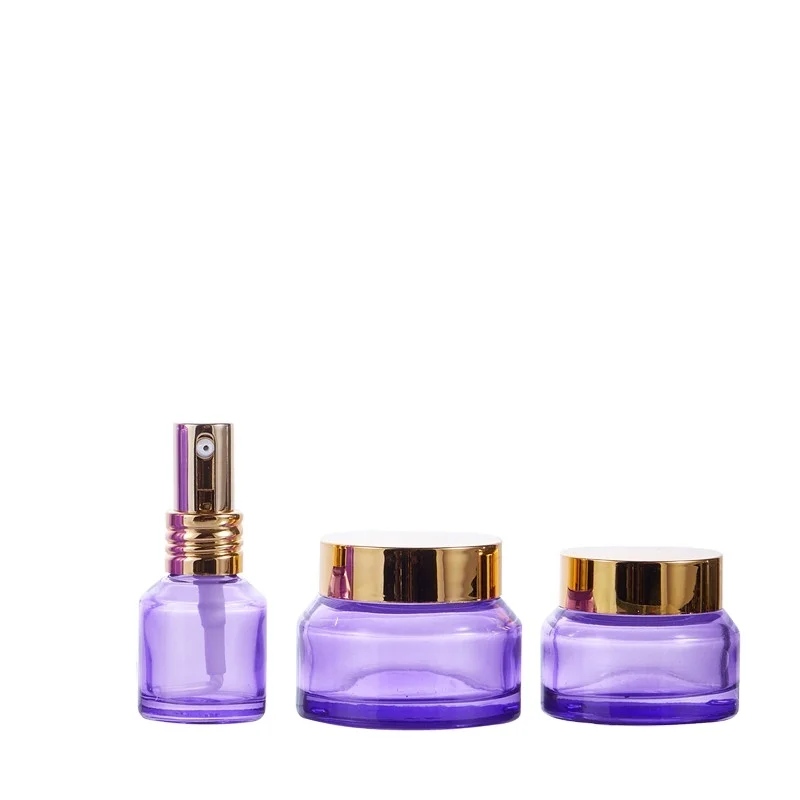 Best price custom popular clear purple color packaging nice  glass transparent shoulder cosmetic jars with gold lid