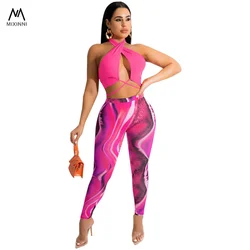 MXN 211 Sexy hanging neck solid color blouse women, printed pants two piece sets,fashion Casual summer clothes