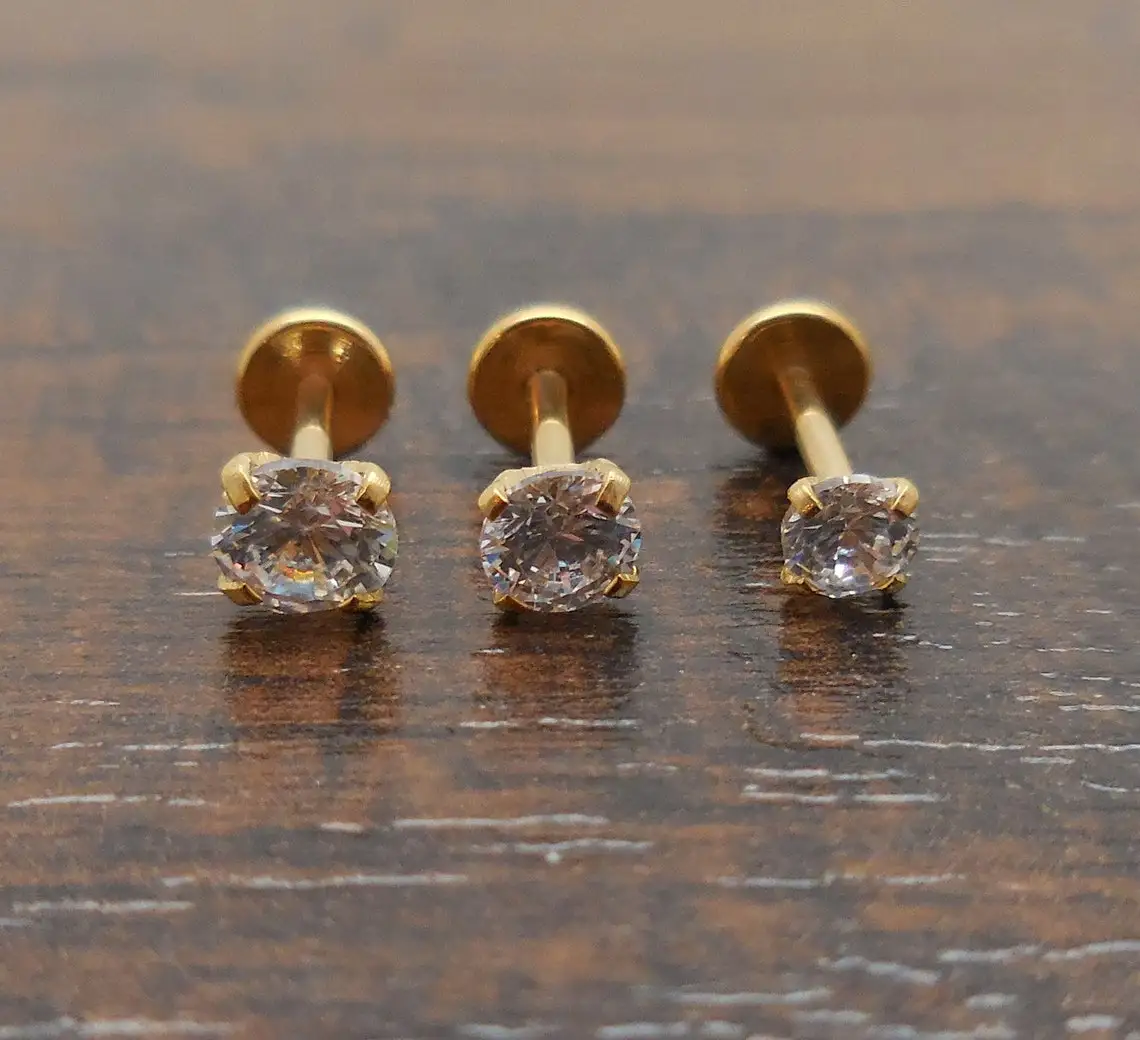 18g 2-4mm Tragus Threadless Push Pin 6mm-8mm Nose Ring Cartilage Earrings Gold Tone Labret Prong Set Clear CZ Stone