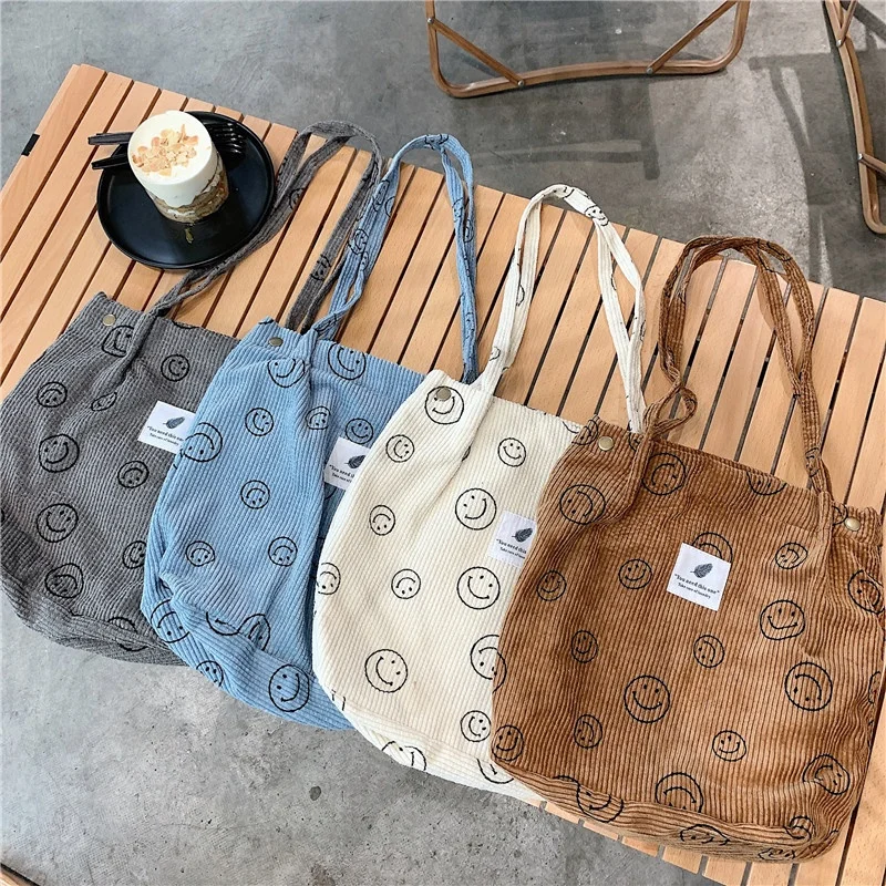 2023 custom logo Corduroy fabric shopping bags smile face corduroy shoulder bags strong capacity corduroy shopping tote bags