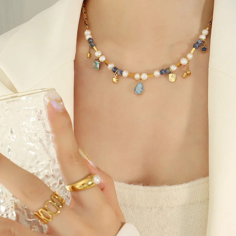 Geometric Water Drop Pendant Natural Stone Freshwater Pearl Beaded Stitching Brass Chain Gold Plated Stainless Steel Necklace