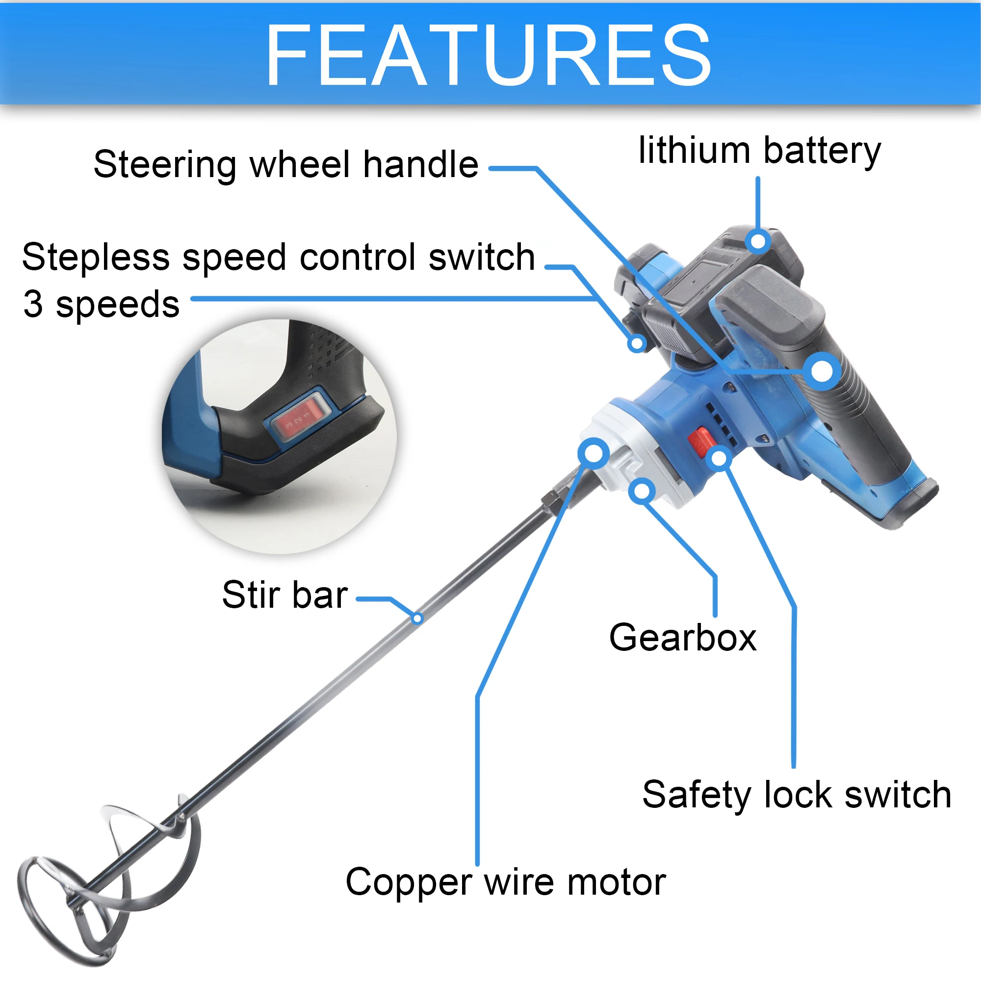 HERZO Cordless 20V Paint Mixer Stick 3 Speed Wireless Hand Mixer For Concrete Glue