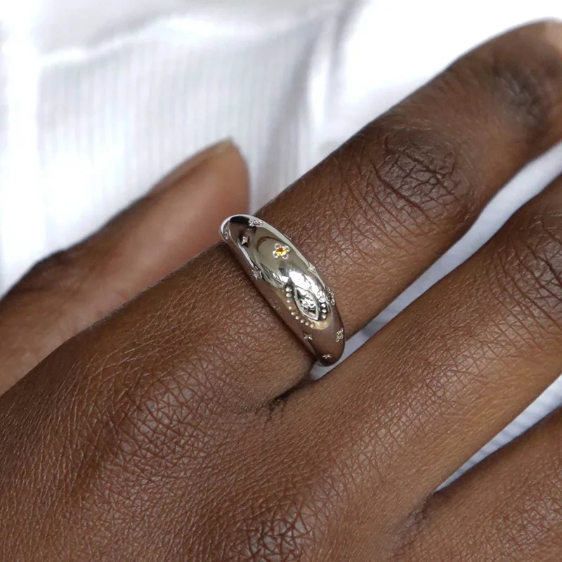 Wedding jewelry 18k gold plated star turkish evil eye engraved cubic zircon 925 sterling silver croissant ring jewelry for girl