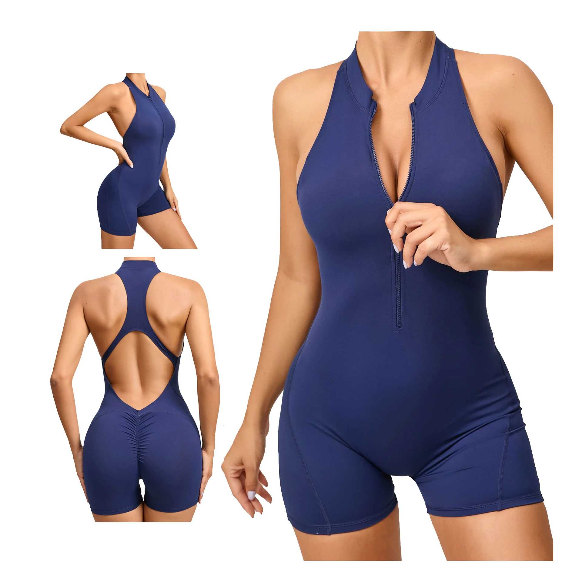 Tight Shorts Skinny Zip Outfit Onesie Bodysuit Yoga Sport One Piece Romper Workout Gym Fitness Set Sportswear Jumpsuit For Women