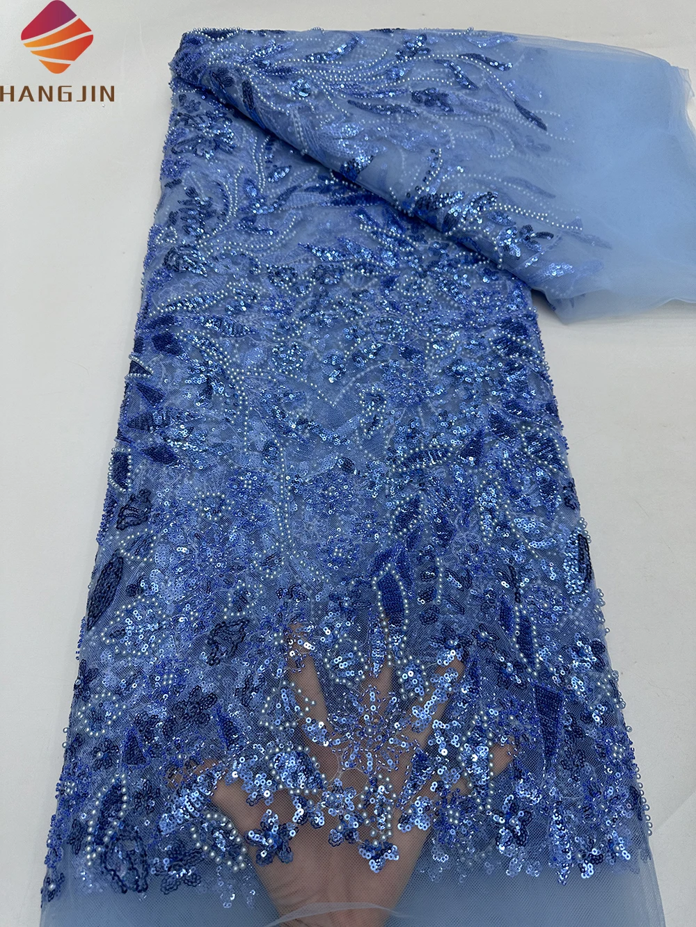 Hot Sale French Tulle Embroidered Net Fabric Luxury Handmade African Mesh Sequin Beaded Lace Fabrics For Nigeria Wedding Dress