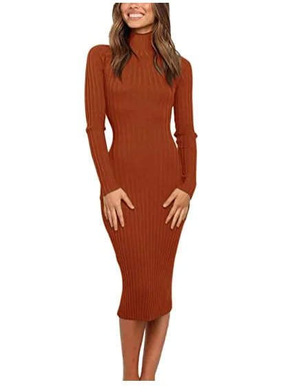 Женское трикотажное платье-свитер в рубчик с длинным рукавом и высоким воротом