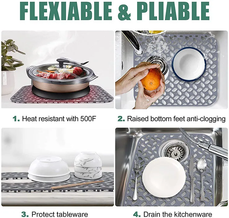 Silicone Folding Non-slip Rear Drain Kitchen Sink Mats Protector for Bottom of Farmhouse Stainless Steel Porcelain Sink