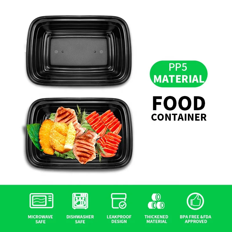 Bento Lunch Box Takeout Food Packing Container Base Plastic to Go Disposable Meal Prep Restaurant Black Injection Multifunction