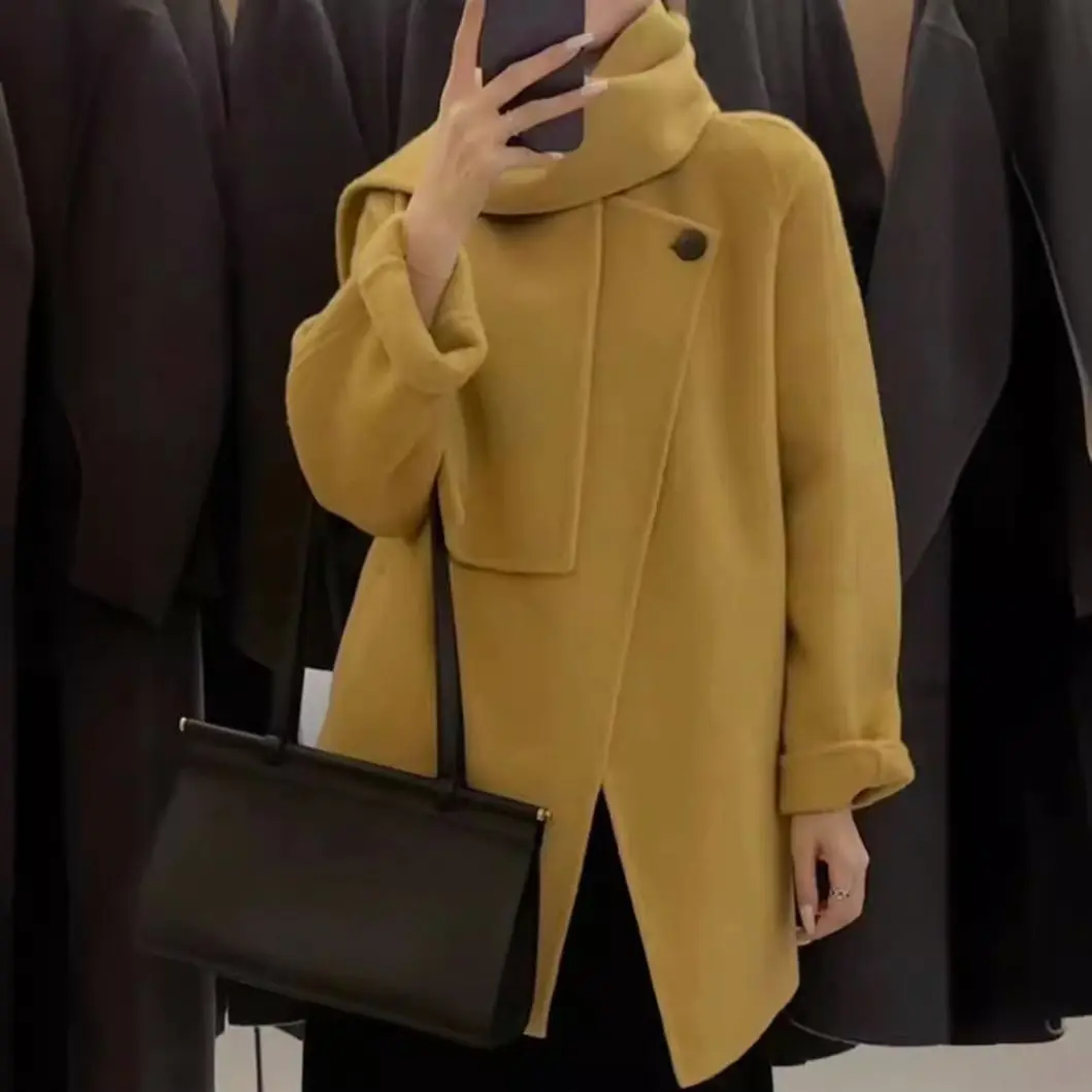 High-grade scarf detachable two-way loose double-sided wool coat with one button New woolen coat New