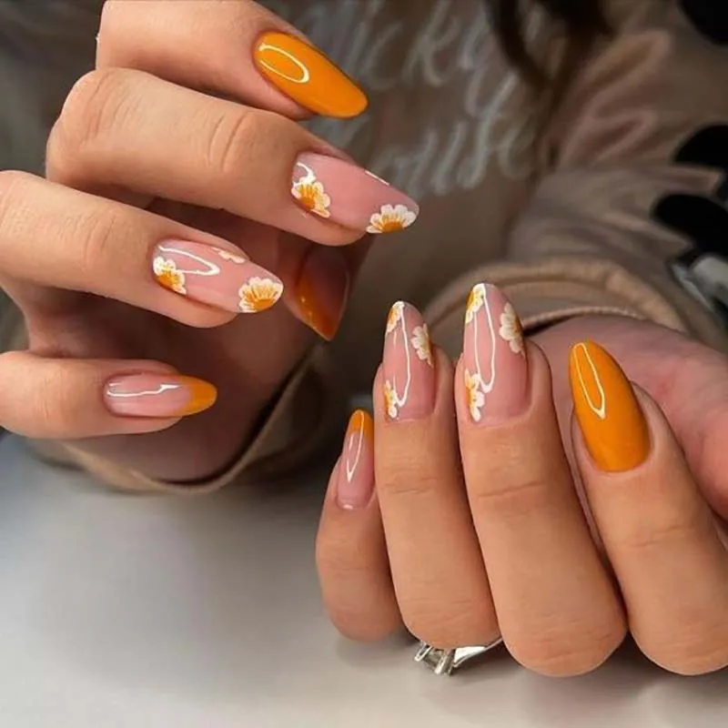 Metallic rose gold fashion almond mix color acrylic press on nails packaging vendor pressure glue full cover reusable fake nails