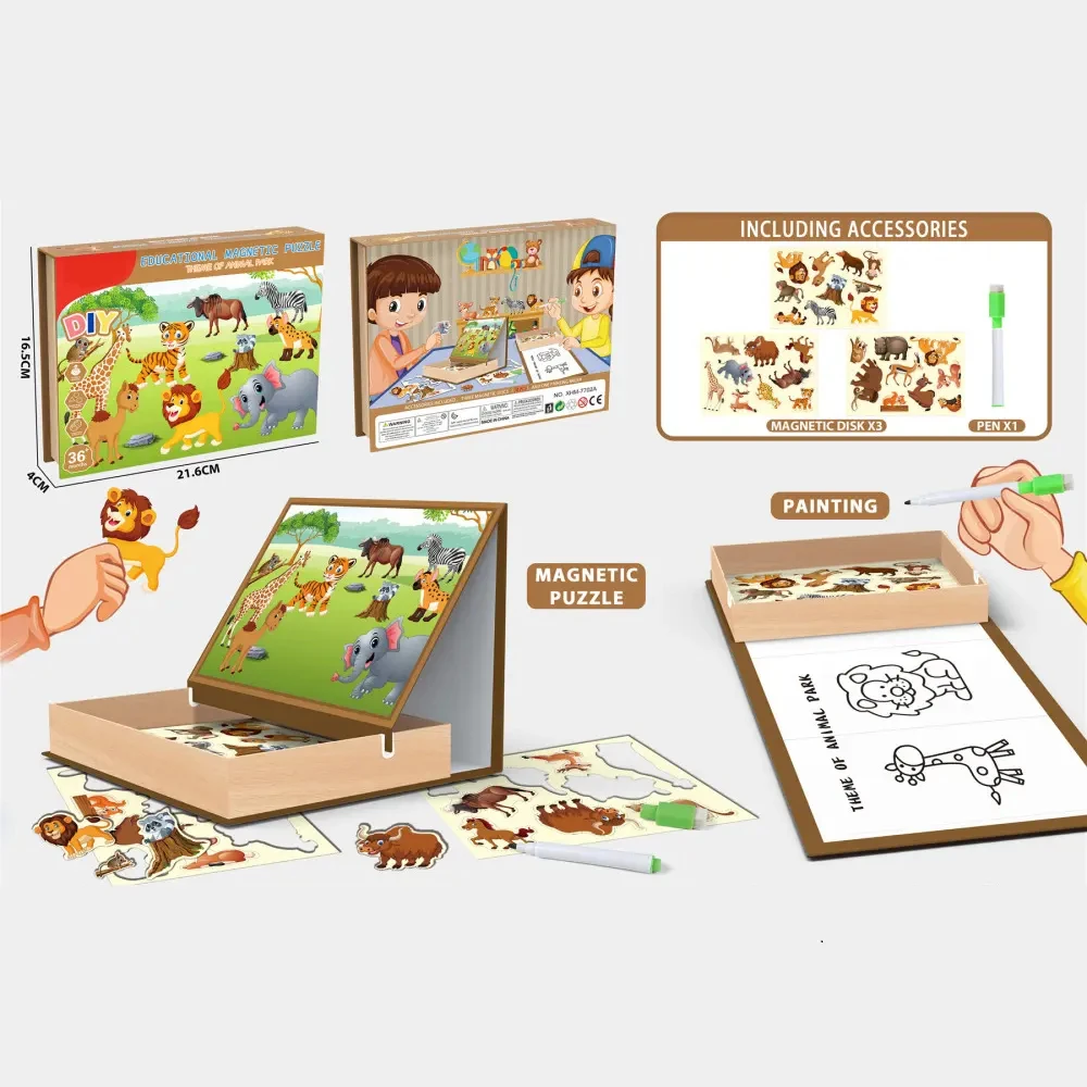 Kids Educational Magnetic Puzzle Toy Kit Baby Enlightenment Drawing Board Puzzle Game Toy DIY Assemble Dinosaur Series Toys