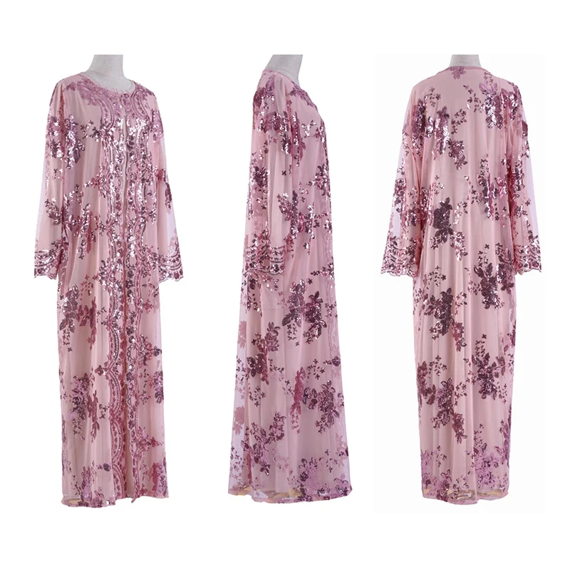 Factory direct sales customized new muslim kimono lace mesh embroidery cardigan wholesale sequins front open abaya kaftan