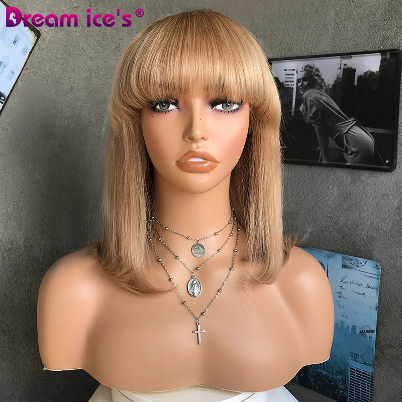 613 Honey Blonde Straight Short Bob Wig With Bangs 180% Density Brazilian Human Hair Full Machine Wig with Bangs For Black Women