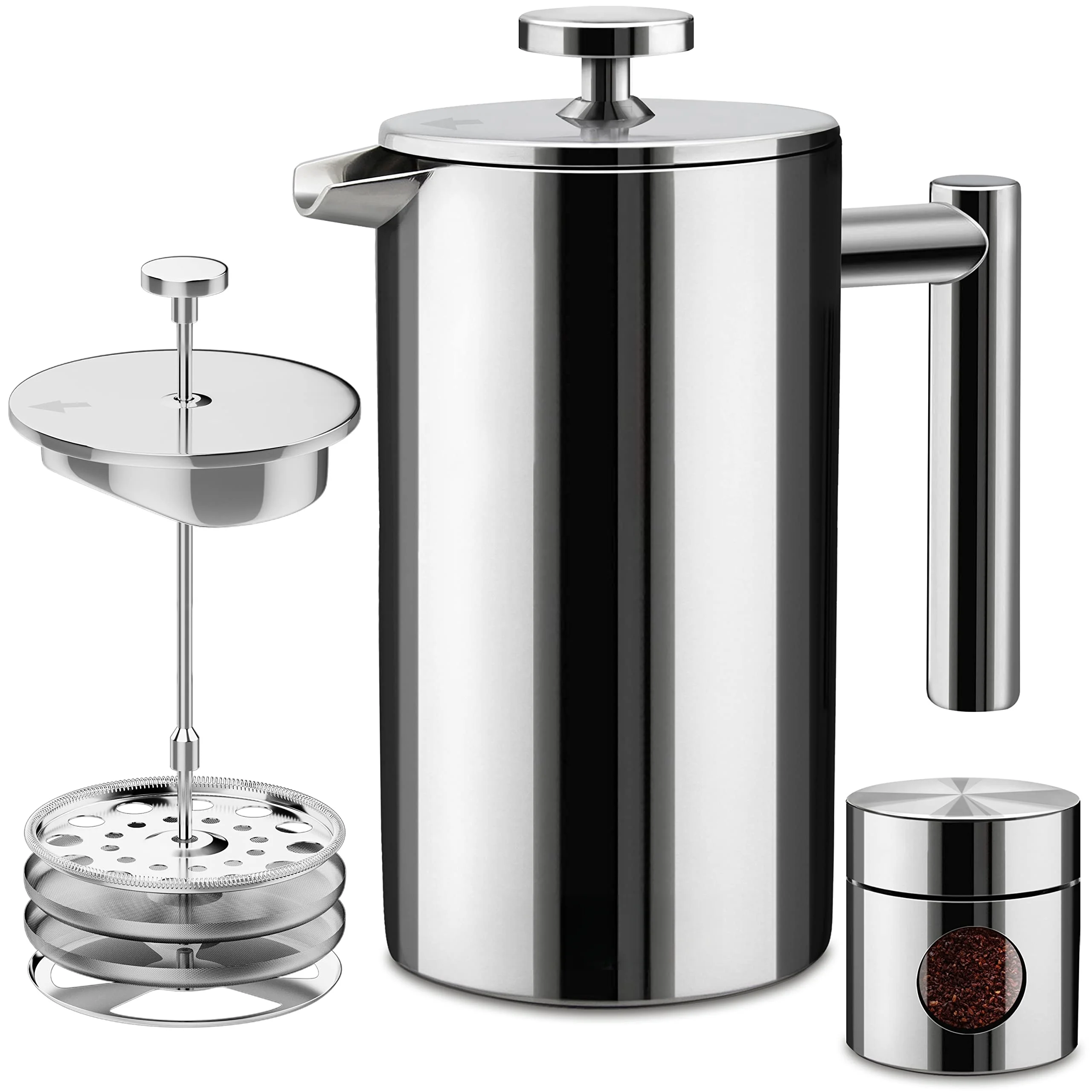 French Press Coffee Maker 304 Grade Stainless Steel Insulated Coffee Press with Silver
