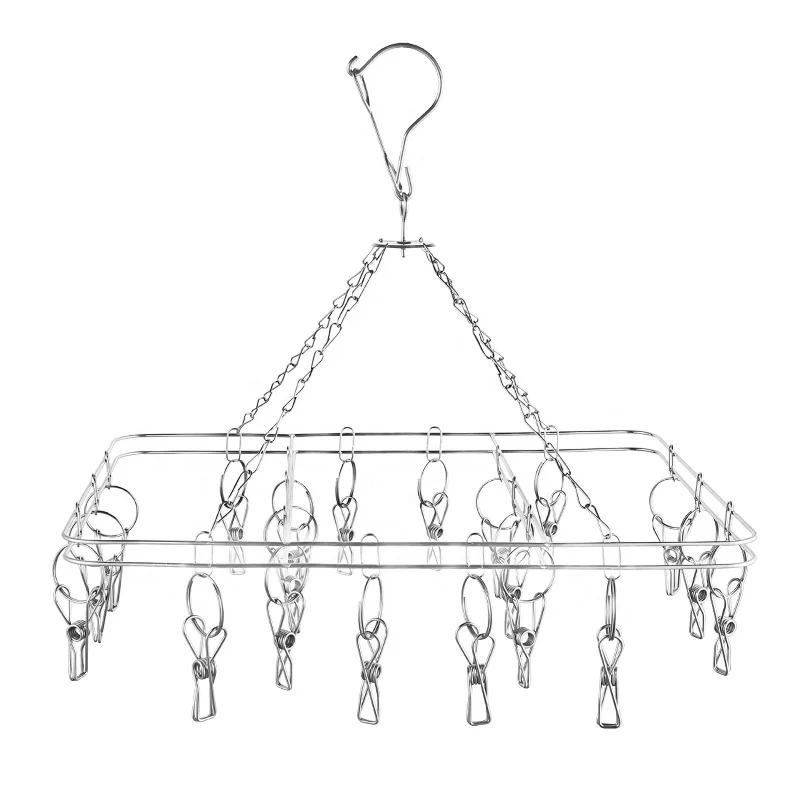 Silver clothes clips non slip hangers Stainless Steel  Square Socks peg Hanger With 20 pegs stainless steel clothes peg hanger