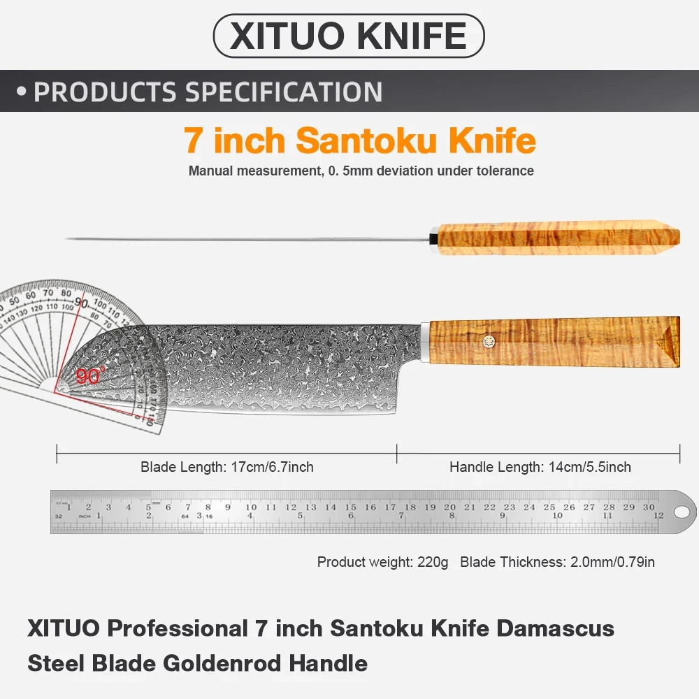 XITUO Professional Japanese Damascus Steel Kitchen Santoku Chefs Knife,Ergonomic Goldtone Handle,Super Sharp Chef Knives