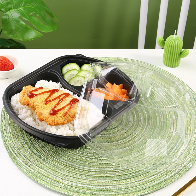 Custom Lunch Box Plastic Microwavable 3 Compartments Black Bento Lunch Box Container Disposable Food Packaging Box