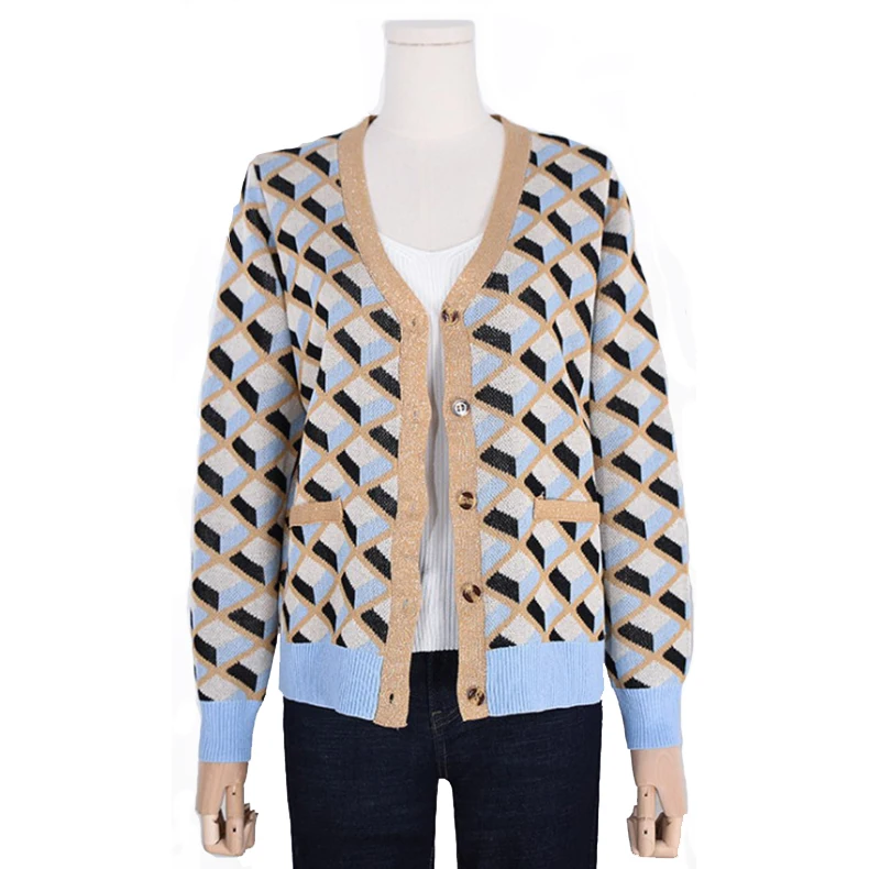
Winter V Neck Two Tone Geometric pattern Jacquard Ladies Knit Sweater embellished cardigan 
