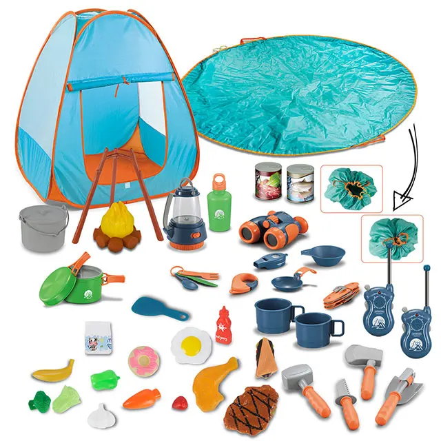 Hot selling outdoor camping tools walkie-talkie stove flashlight tent carpet 48pcs accessories Play camping tent toys