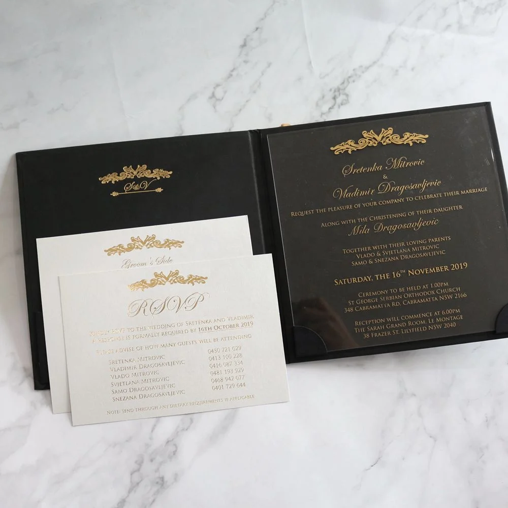 Bespoke Black and Gold Square Hardcover Wedding Invitation Card with Pocket Inside and custom hardcover wedding cards