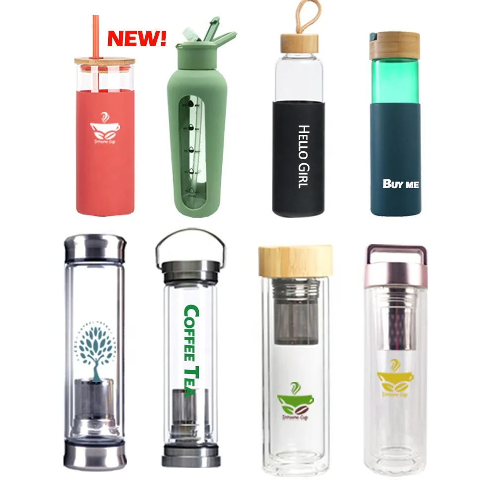 New 2021 Sale Various double wall Wholesale wide mouth bamboo Glass Drinking Water Bottle Glass with metal  lid cover