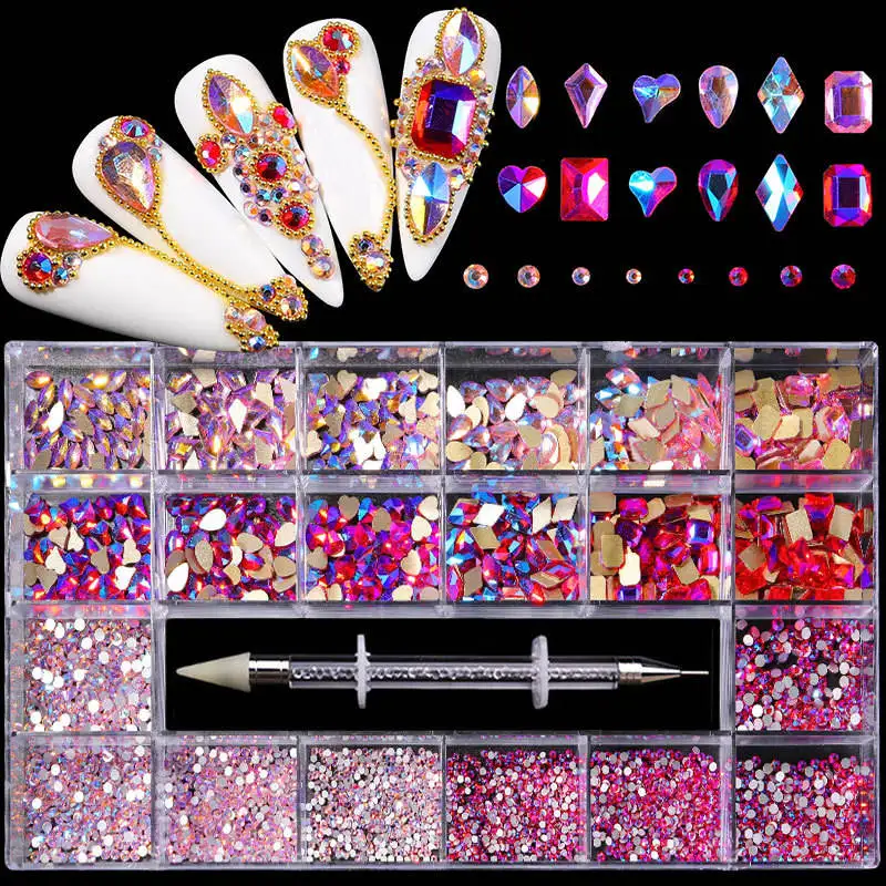 High Quality Different Size Luxury Nails Crystal Stones Charm Decoration 3D Nail Art Rhinestone Set With Point Drill Pen