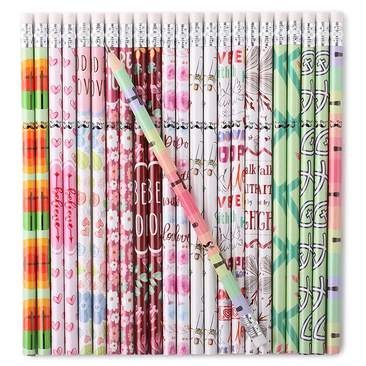 Manufacturer Custom Round Wooden Pencils With Eraser Cute Pattern Promotional Art 2b Hb Lead Pencil Set For Children