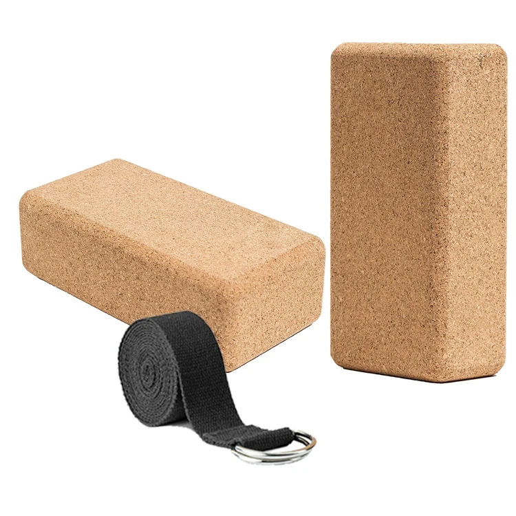 Custom Logo Fitness Pilates Exercise Eco Friendly Natural Light Weight Cork Yoga Block Brick Cube Set with Strap