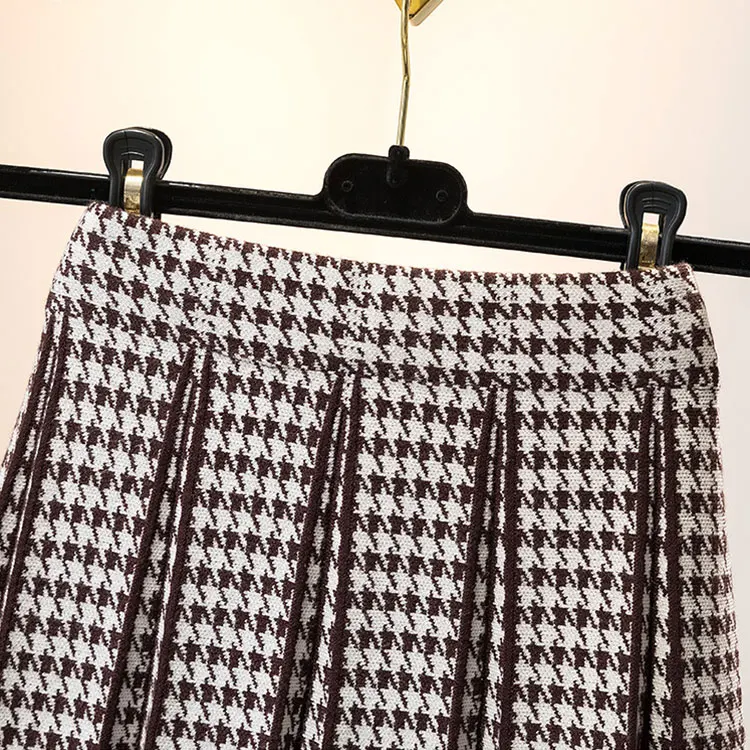 Knitwear manufacturers custom thousand bird grid pattern high waist slim oversize korean fashion knitted pleated mini skirt set