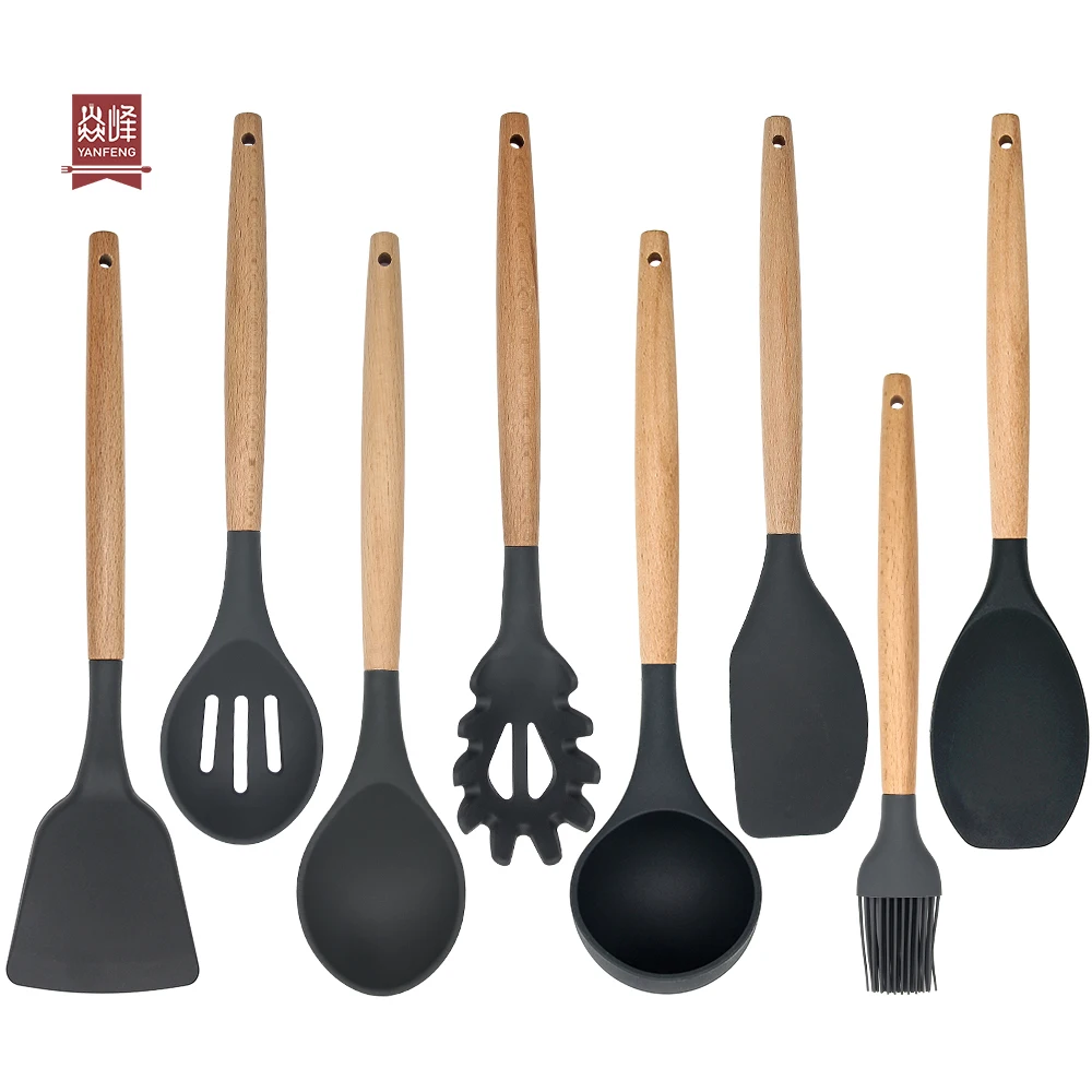 Amazon Hot Seller Natural Heat Resistant 8 Pieces Smart Silicone Utensils Kitchen Non-Stick Baking Tool