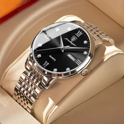 Luxury Business Men Date Week Stainless Steel Waterproof Luminous Wristwatch Quartz Watch for Men