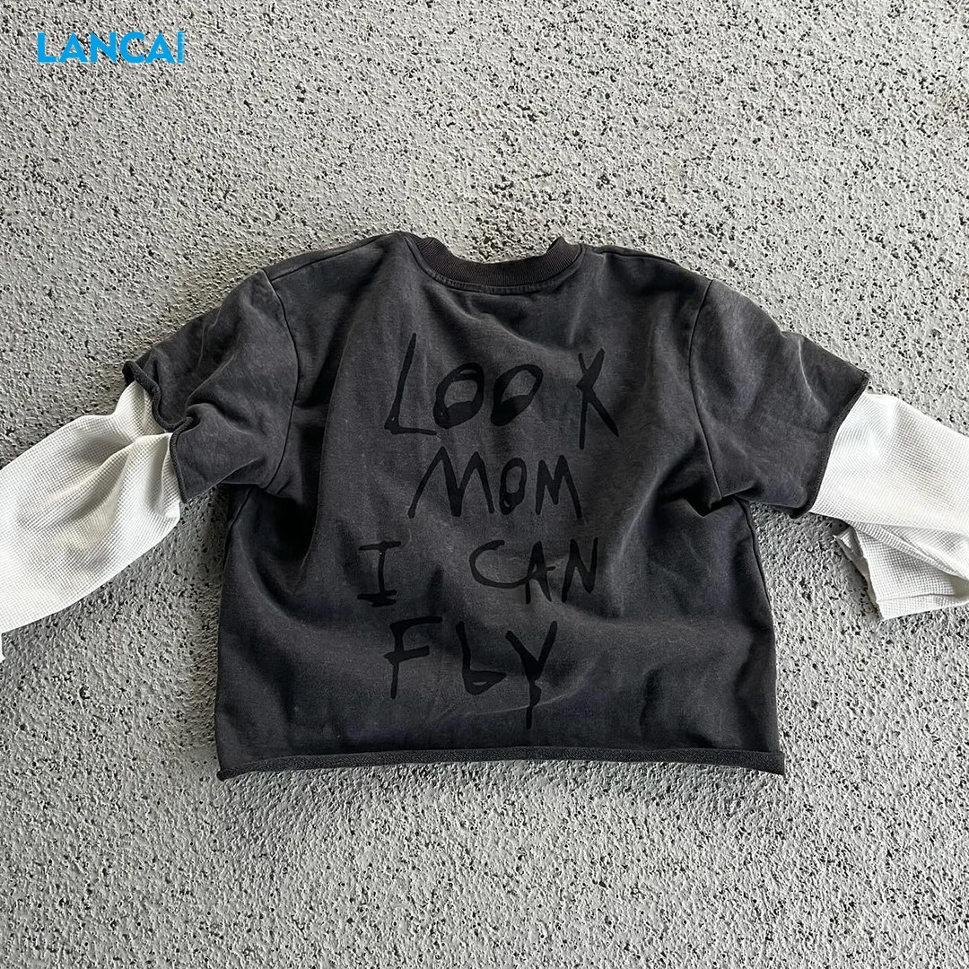 Patch Embroidery T-Shirt Vintage Cotton Ripped Distressed Stone Acid Wash Double Layer Long Sleeveless T Shirt For Men