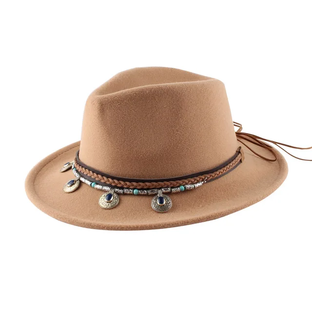 Hot Sale Fashion Autumn Winter Wool Felt Ribbon Rope Jazz Bowler Hat for