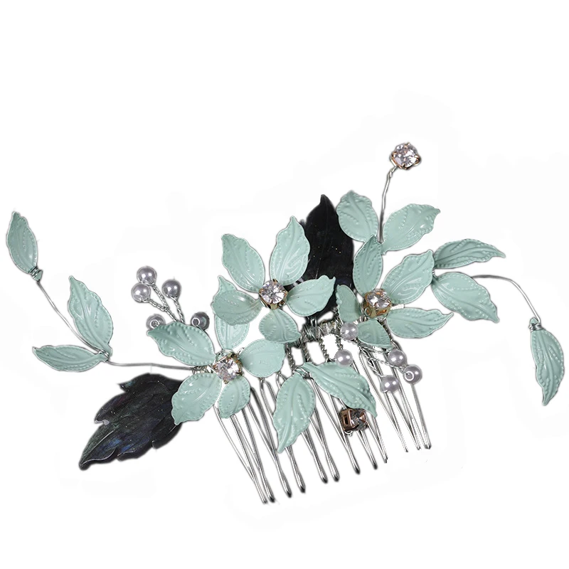 European bride handmade soft clay woven flower leaves and Pearl ornament hair comb