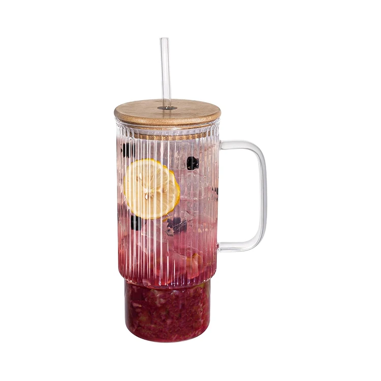 New product promotion  32Oz Ribbed Glass Cup With Handle Bamboo Lid And Straw, Glass Tumbler, Iced Coffee Cups Hot/Cold Drinks