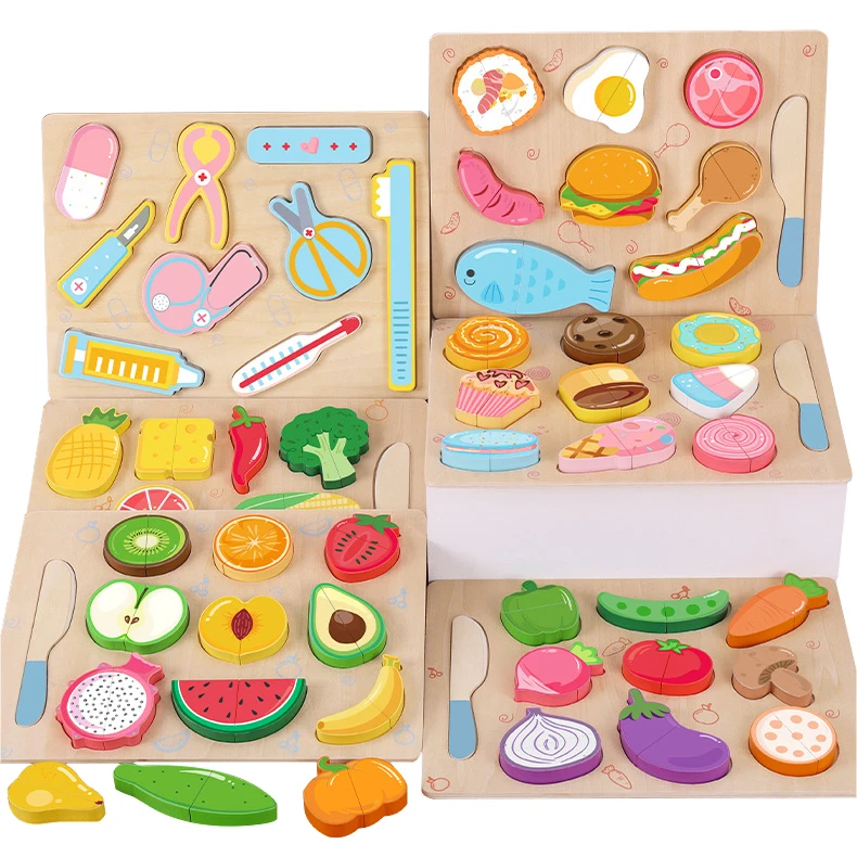 Montessori Fruit Vegetable Food Kitchen Play Set Wooden Cutting Vegetables and Fruits Kids Toys
