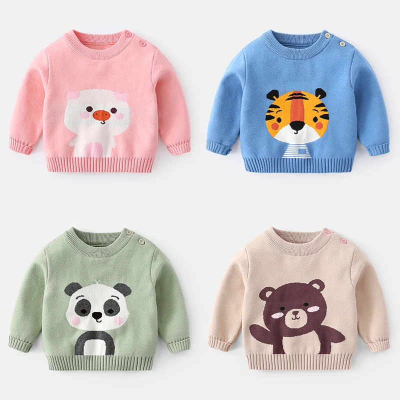 Cartoon Jacquard Long Sleeve Knitted Baby Sweater Warm Kids Clothes For Winter