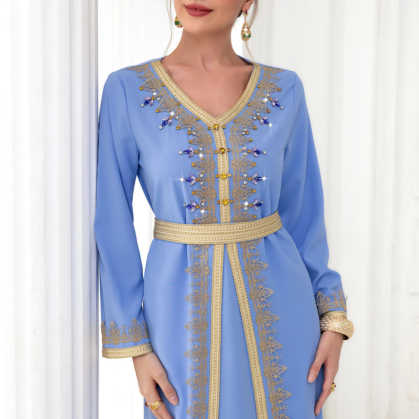 Dubai Turkish Kaftan Islamic Blue Lace Maxi abaya women muslim dress Crystal Embroidery Split Abaya Women