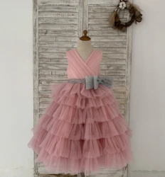 Change-Champagne Sequin Satin Tulle Wedding Flower Girl Dress with Belt and Flower