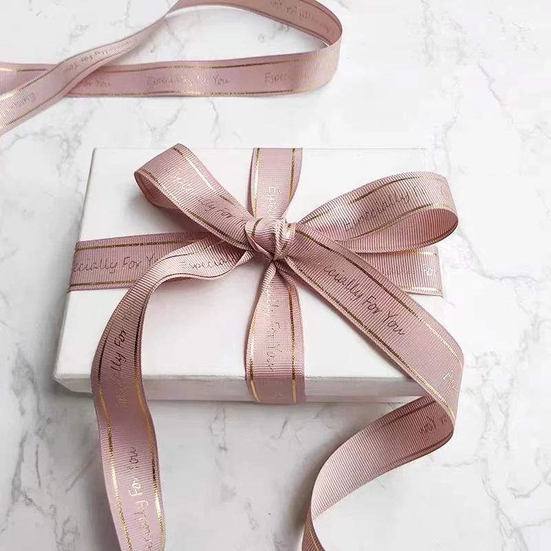 Wholesale Custom Logo Colorful Polyester Ribbon Gold Foil Grosgrain Printed Ribbon