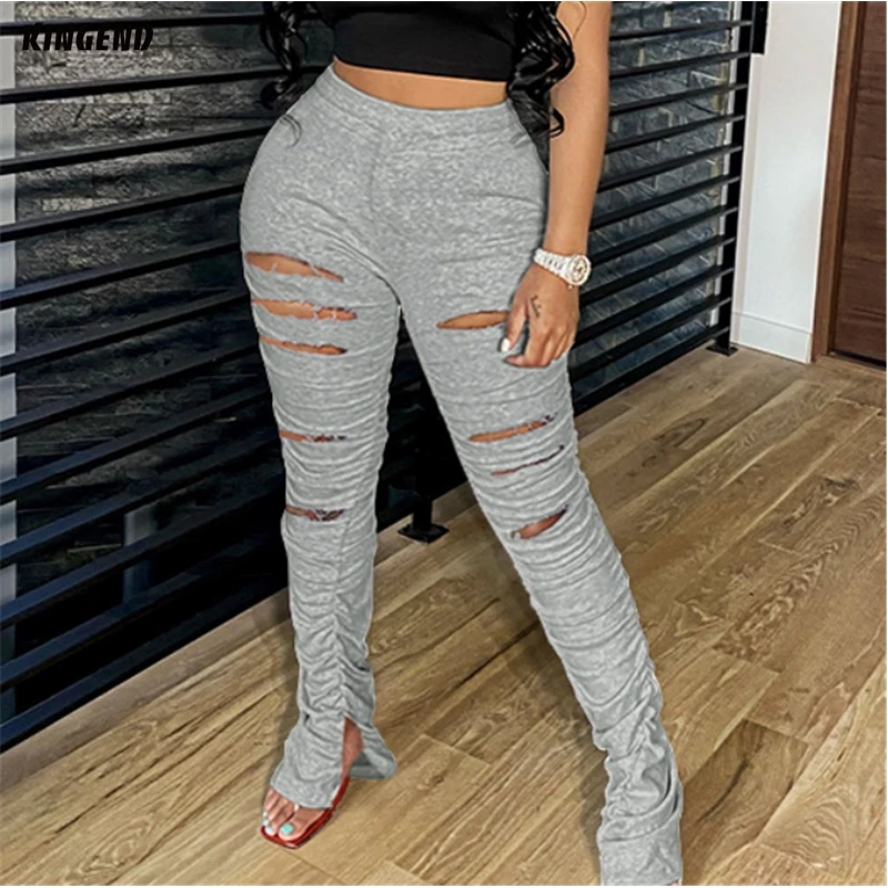 
KD2841 Hot Style New Hipster Women Pants+Perforated Solid-Color Pleated Stacked Slit And Micro - Stretch Sweatpants 